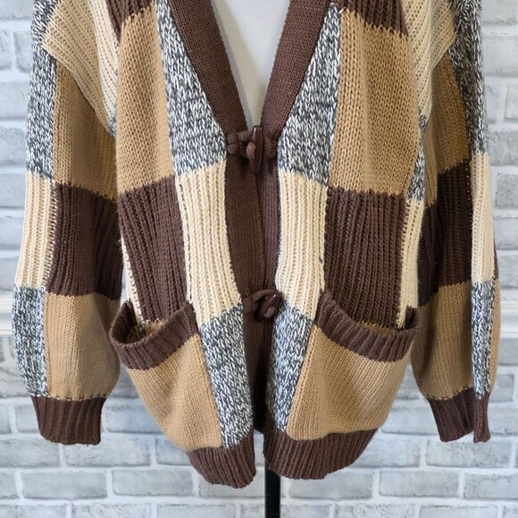 BKE Buckle Oversized Checkered Cardigan Knit Button Up L Cozy Earth Tones Casual - Picture 9 of 10
